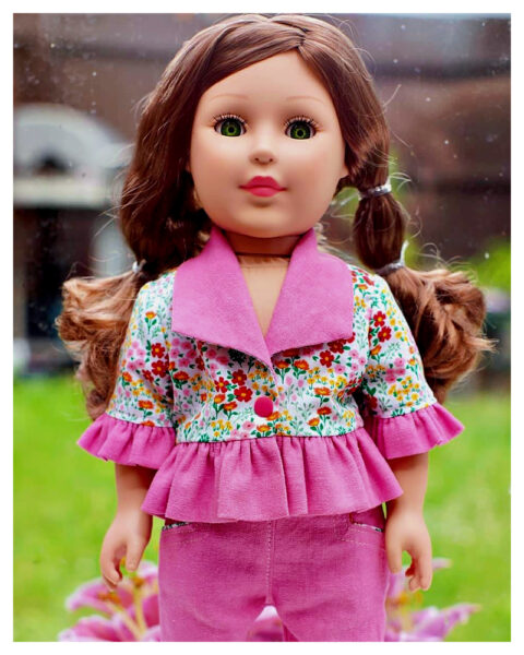 18 inch doll clothes, American girl doll clothes, Tilly crop top, Frocks and Frolics, learn to sew, doll blouse, pixie faire , Issaiya, sewing, shawl collar