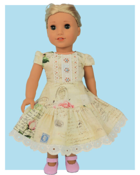 Doll clothes pdf sewing pattern, frocks & frolics, sewing for dolls, 18 inch doll, american doll, back view light blue