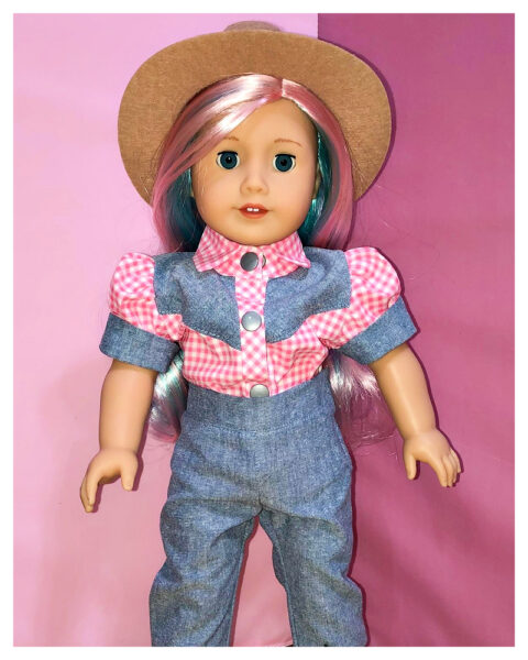 18 inch doll clothes, American girl doll clothes, Tilly crop top, Frocks and Frolics, learn to sew, doll blouse, pixie faire western blouse and Audrey Capris